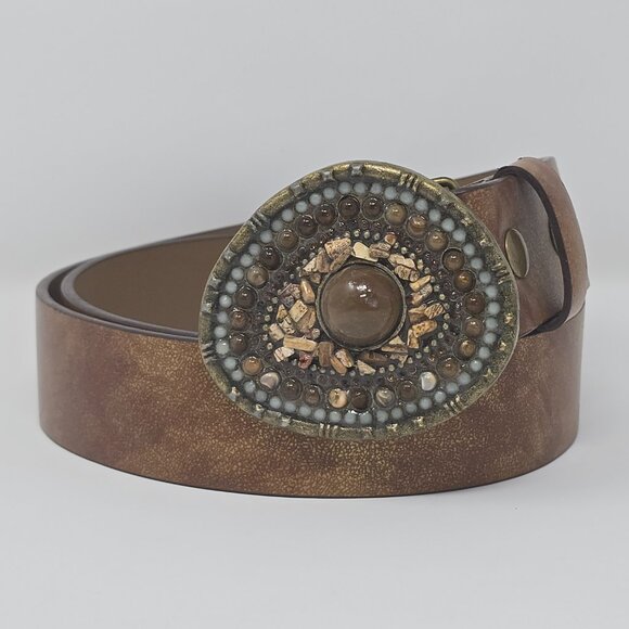 Guess Brown Boho Belt with Stone and Beaded Teardrop Buckle Size Large - Picture 2 of 11